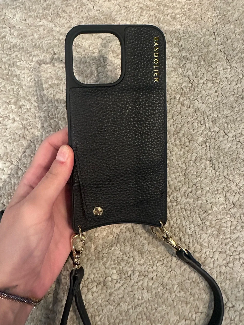 Bandolier black leather iPhone 14 Pro Max phone case crossbody